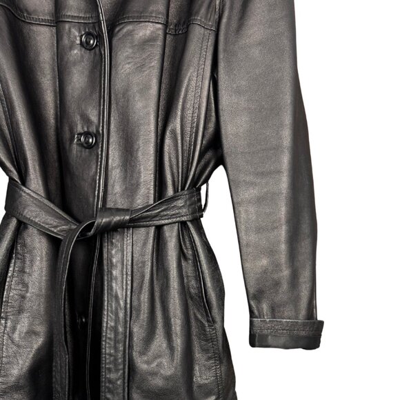 Vintage 90s Black Leather Belted Coat Removable Collar – The Olde Hide House - Picture 3 of 14